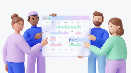 A group of four friendly 3D character avatars collaborating around a giant digital calendar